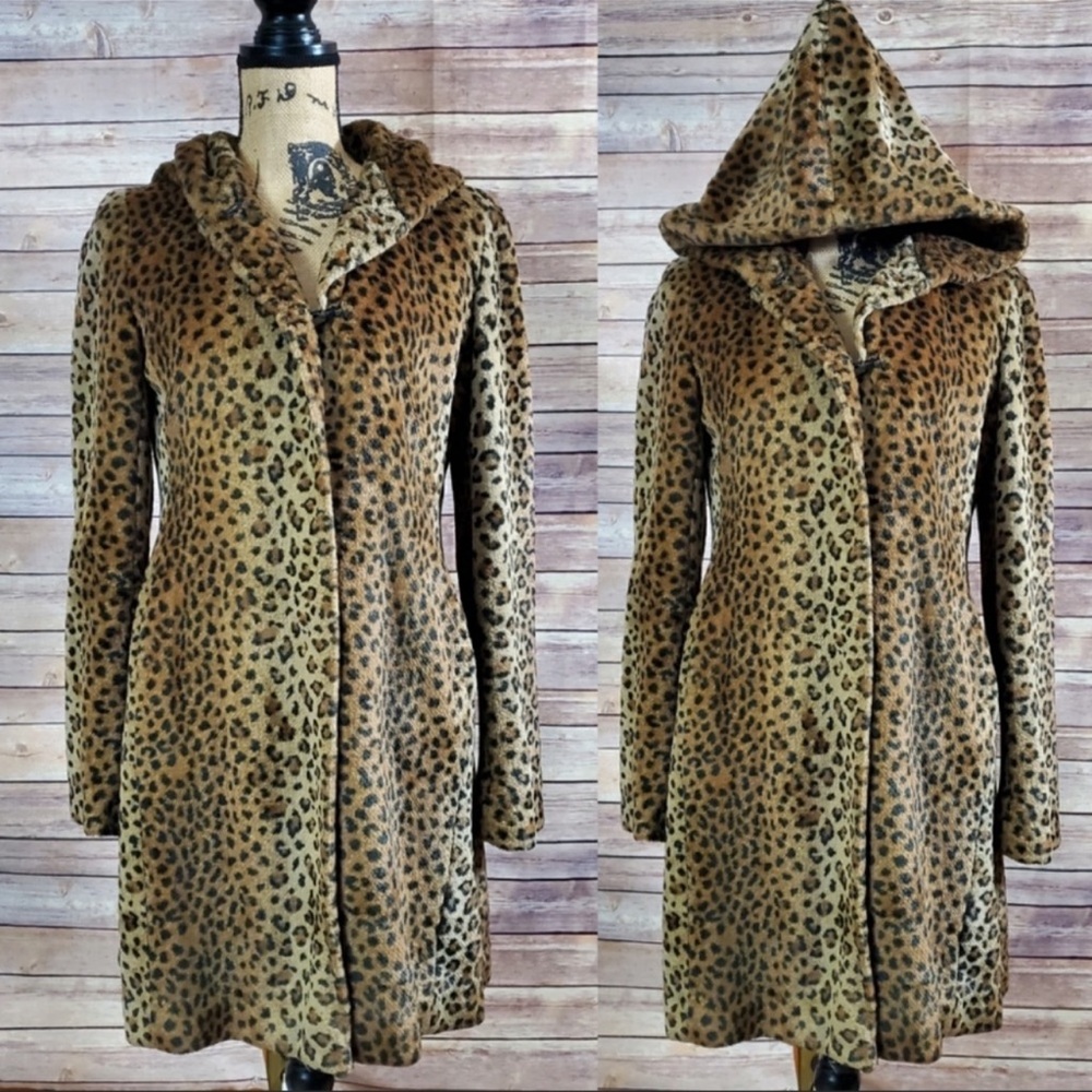 Faux Fur Animal Print Tan Black Hooded Coat